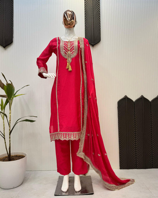 Designer Fancy Chinnon Red Suit For Karwa Chauth With Dupatta