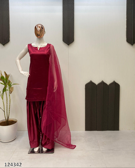 Designer Farsi Salwar Suit | Moss Satin Top & Salwar with Organza Dupatta
