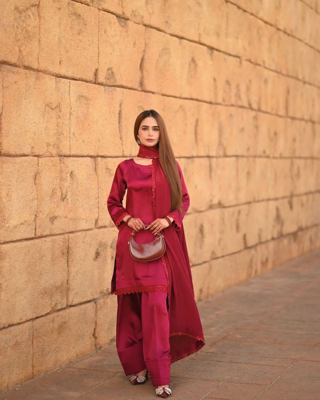 Designer Farsi Salwar Suit in French Crape with Sequin Embroidery | Dupatta Set