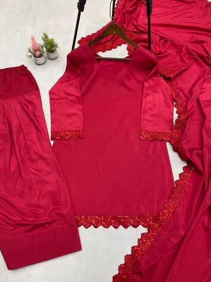 Designer Farsi Salwar Suit in French Crape with Sequin Embroidery | Dupatta Set