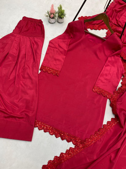 Designer Farsi Salwar Suit in French Crape with Sequin Embroidery | Dupatta Set