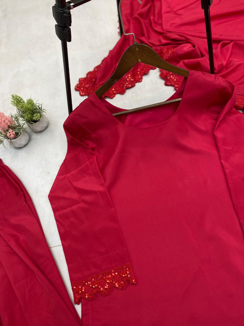Designer Farsi Salwar Suit in French Crape with Sequin Embroidery | Dupatta Set