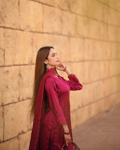 Designer Farsi Salwar Suit in French Crape with Sequin Embroidery | Dupatta Set