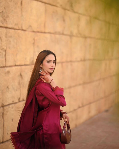 Designer Farsi Salwar Suit in French Crape with Sequin Embroidery | Dupatta Set