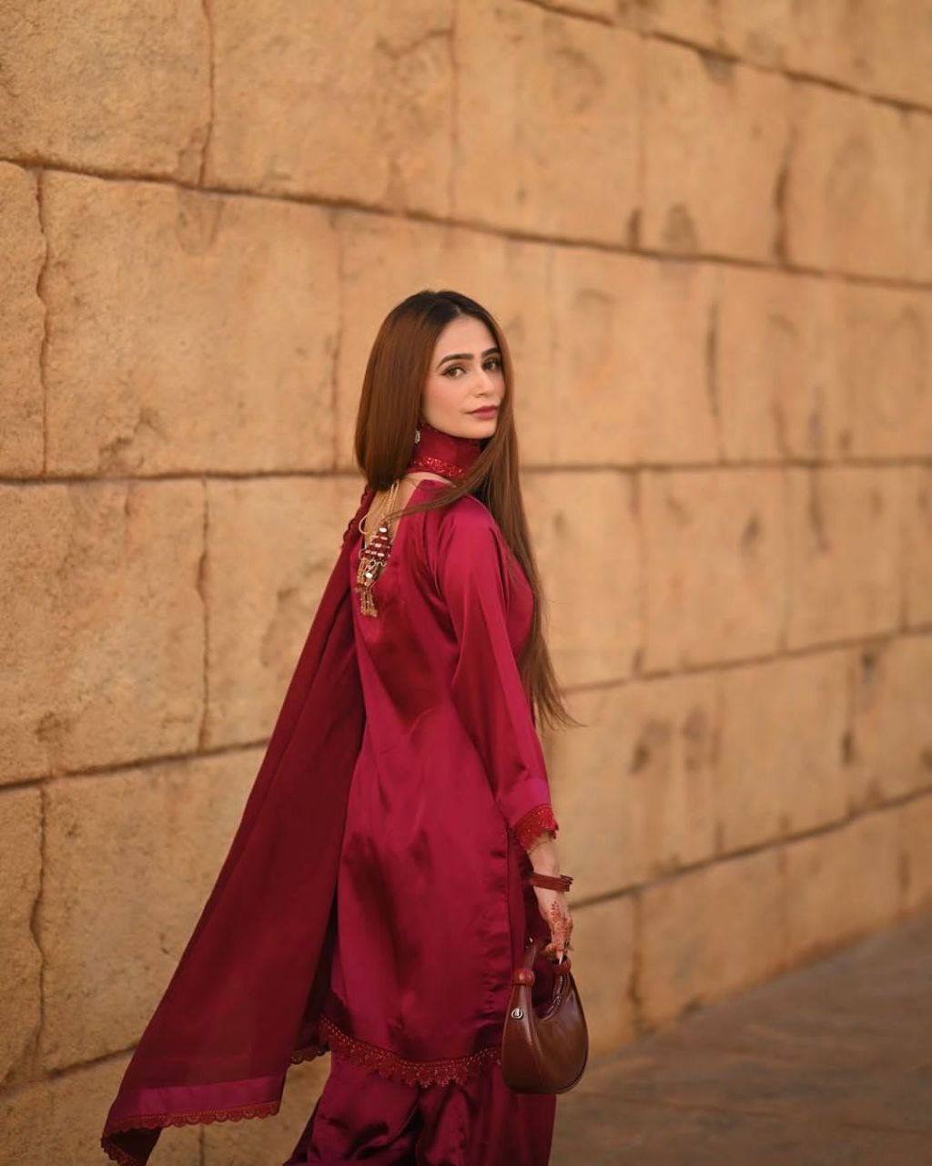 Designer Farsi Salwar Suit in French Crape with Sequin Embroidery | Dupatta Set