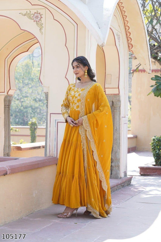 Designer Faux Blooming Gown with Sequins Embroidered Dupatta