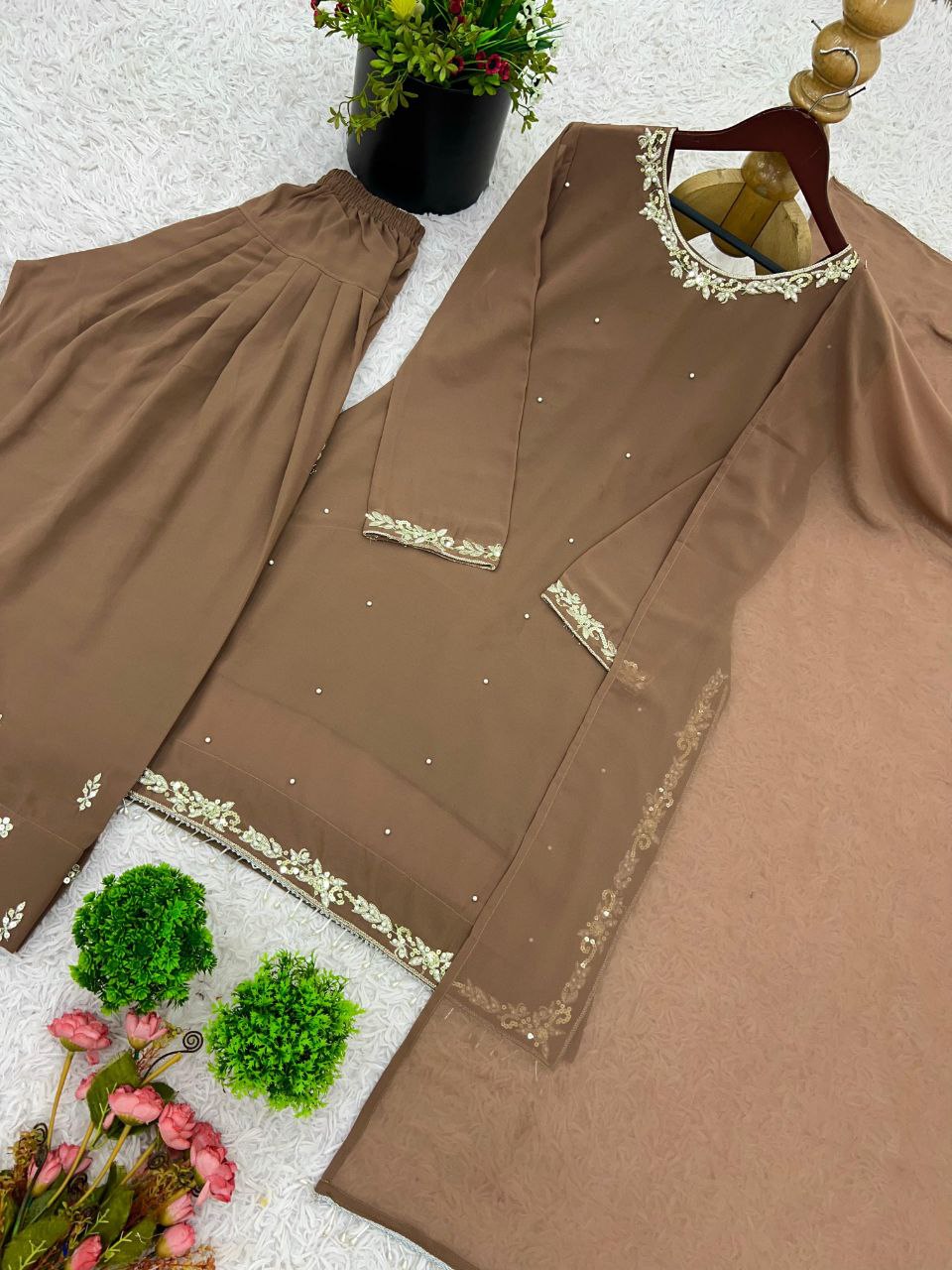 Designer Faux Georgette Embroidered Top-Farshi Pant Dupatta Set | Party Wear Ethnic Suit for Women