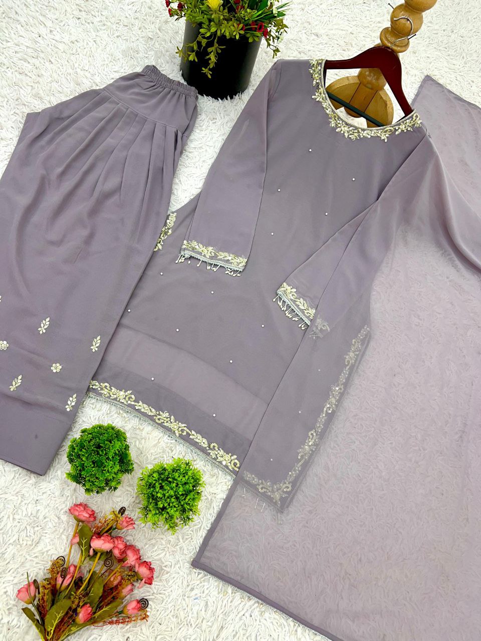 Designer Faux Georgette Embroidered Top-Farshi Pant Dupatta Set | Party Wear Ethnic Suit for Women