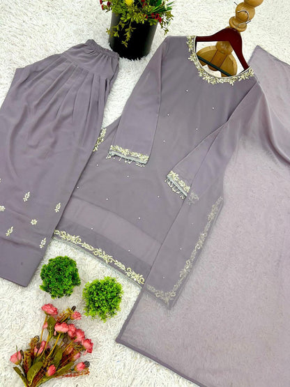 Designer Faux Georgette Embroidered Top-Farshi Pant Dupatta Set | Party Wear Ethnic Suit for Women