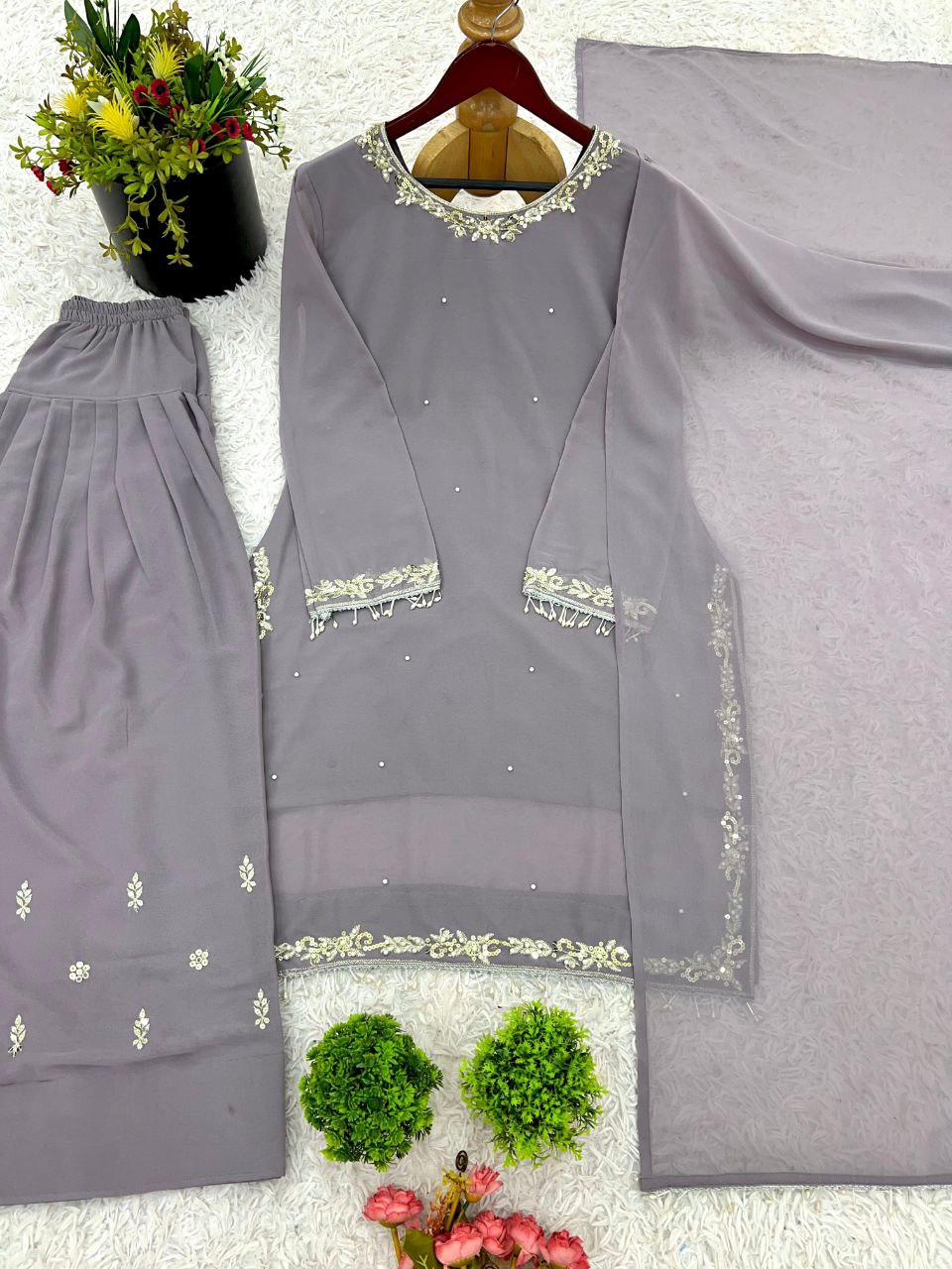 Designer Faux Georgette Embroidered Top-Farshi Pant Dupatta Set | Party Wear Ethnic Suit for Women