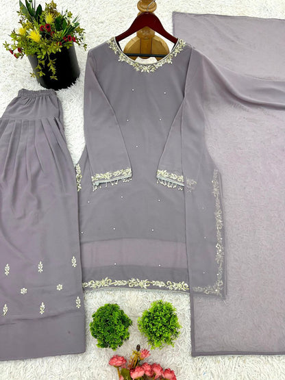 Designer Faux Georgette Embroidered Top-Farshi Pant Dupatta Set | Party Wear Ethnic Suit for Women