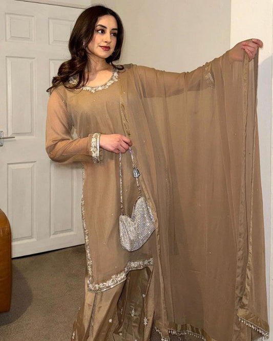 Designer Faux Georgette Embroidered Top-Farshi Pant Dupatta Set | Party Wear Ethnic Suit for Women