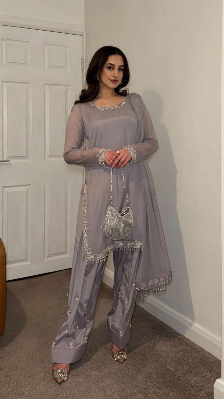 Designer Faux Georgette Embroidered Top-Farshi Pant Dupatta Set | Party Wear Ethnic Suit for Women