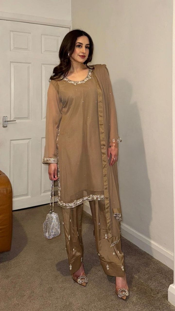 Designer Faux Georgette Embroidered Top-Farshi Pant Dupatta Set | Party Wear Ethnic Suit for Women