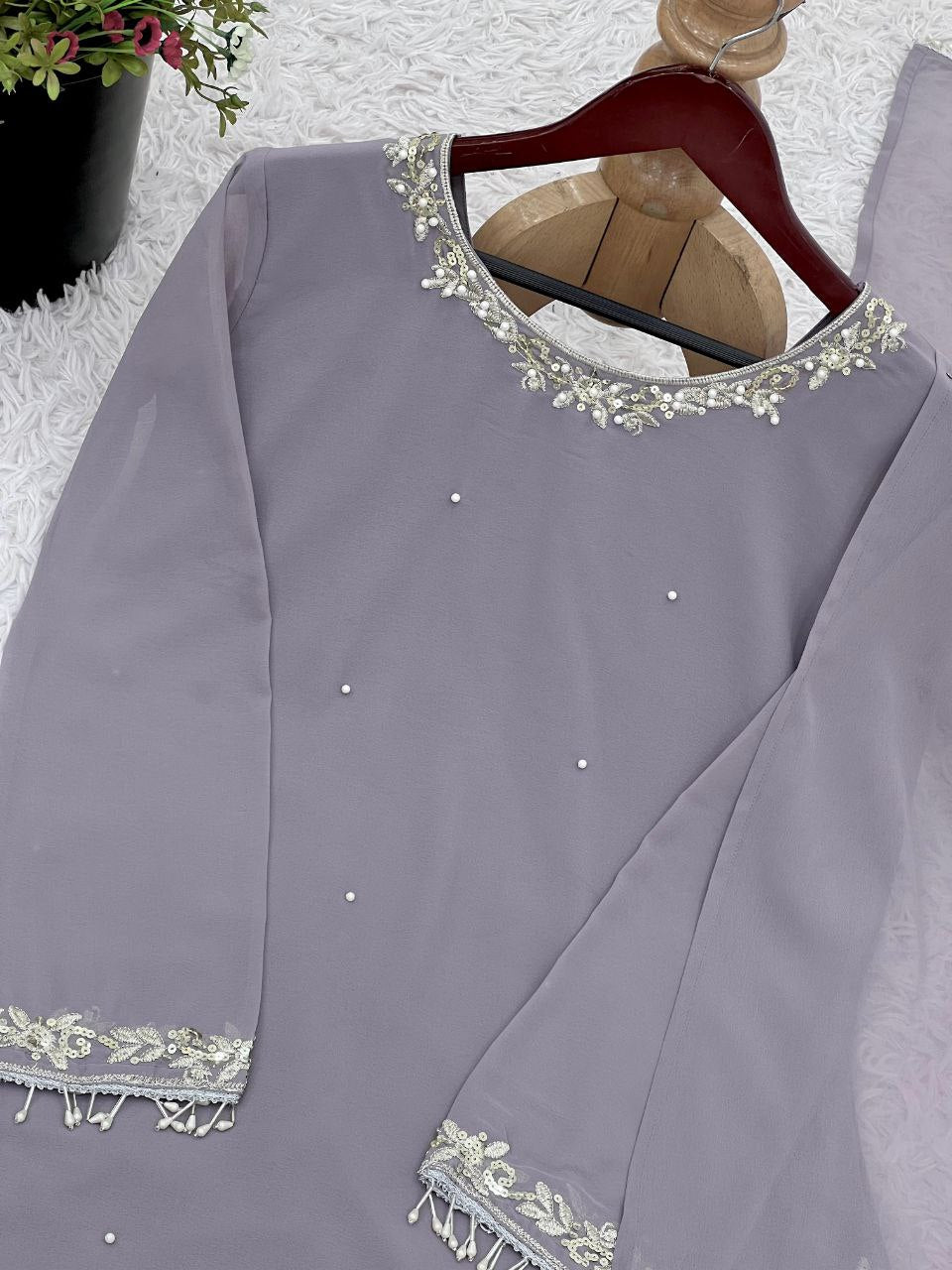 Designer Faux Georgette Embroidered Top-Farshi Pant Dupatta Set | Party Wear Ethnic Suit for Women