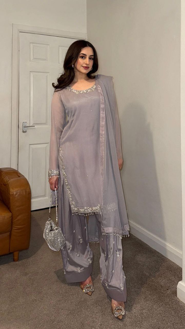 Designer Faux Georgette Embroidered Top-Farshi Pant Dupatta Set | Party Wear Ethnic Suit for Women
