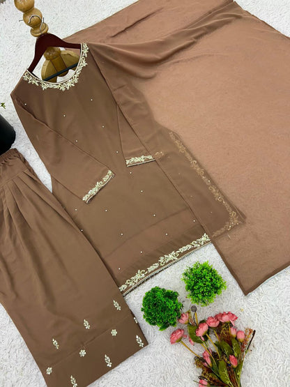 Designer Faux Georgette Embroidered Top-Farshi Pant Dupatta Set | Party Wear Ethnic Suit for Women