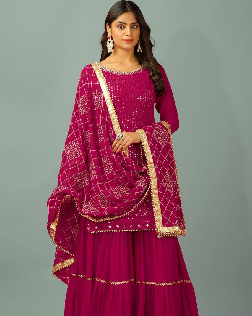 Designer Faux Georgette Embroidered Top & Plazzo Set with Dupatta