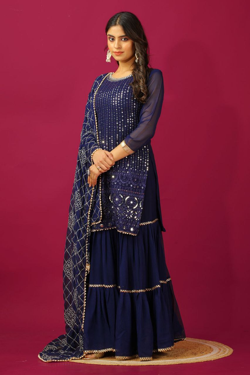 Designer Faux Georgette Embroidered Top & Plazzo Set with Dupatta