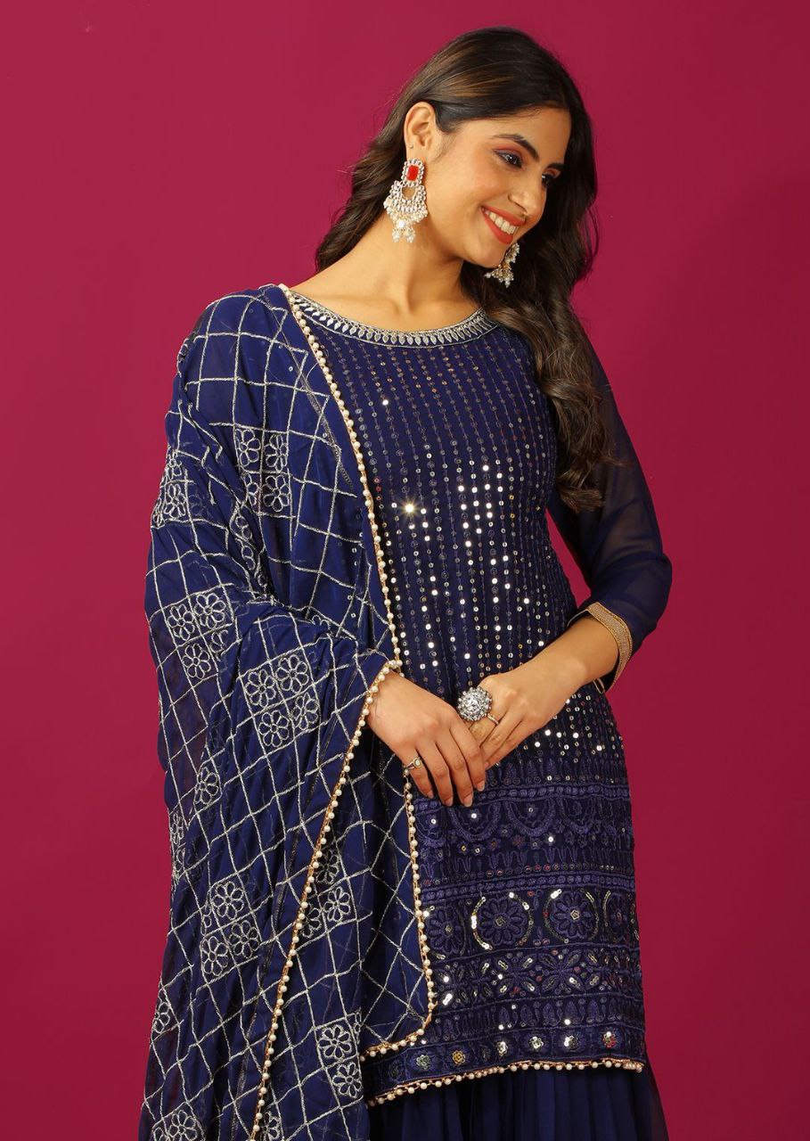 Designer Faux Georgette Embroidered Top & Plazzo Set with Dupatta