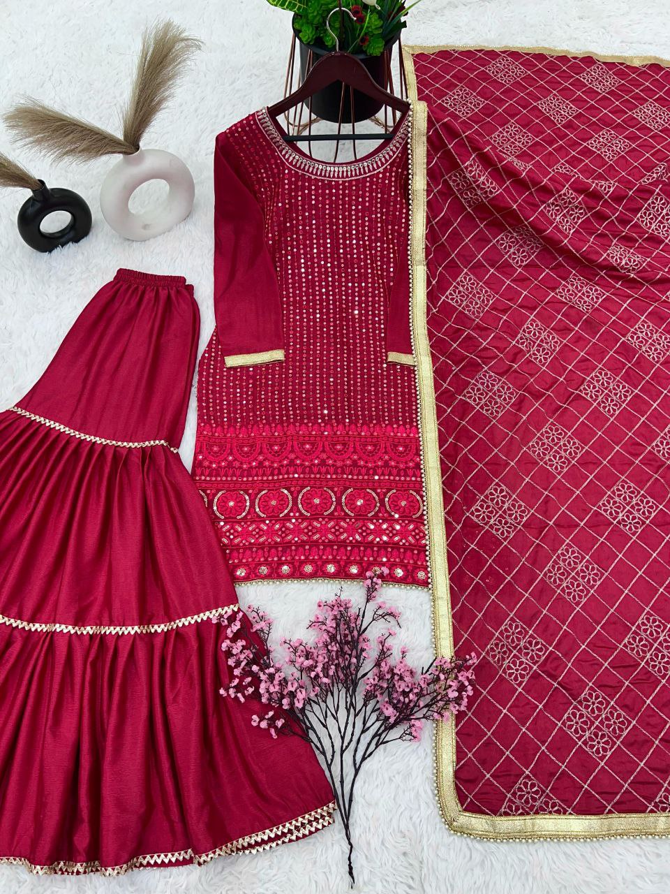 Designer Faux Georgette Embroidered Top & Plazzo Set with Dupatta