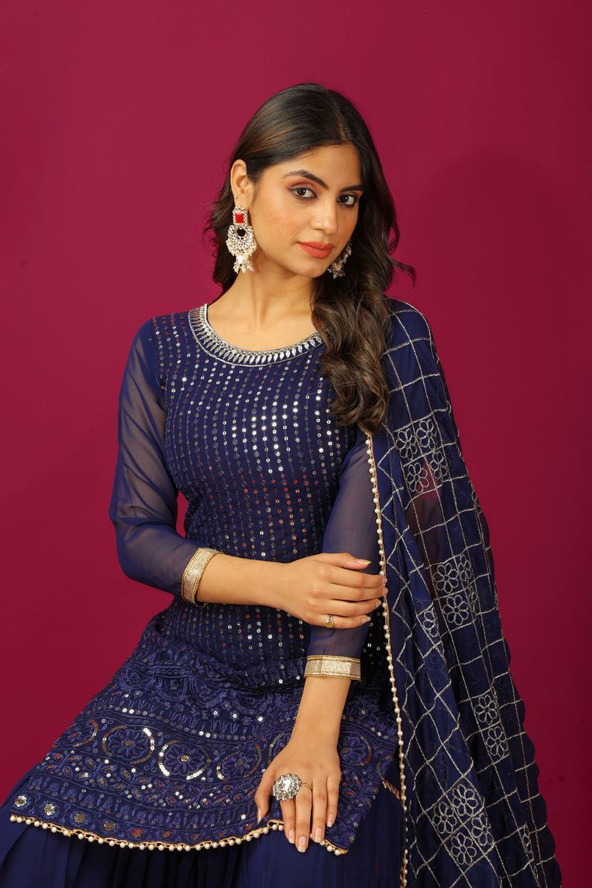 Designer Faux Georgette Embroidered Top & Plazzo Set with Dupatta