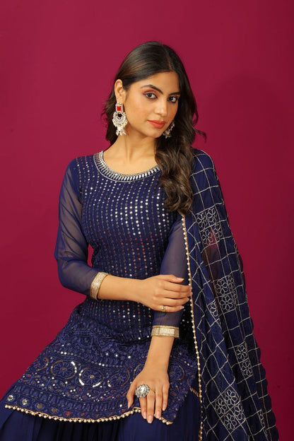 Designer Faux Georgette Embroidered Top & Plazzo Set with Dupatta