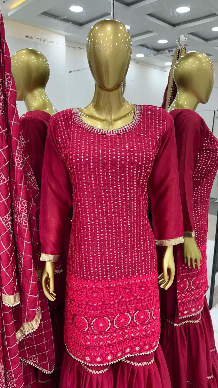 Designer Faux Georgette Embroidered Top & Plazzo Set with Dupatta