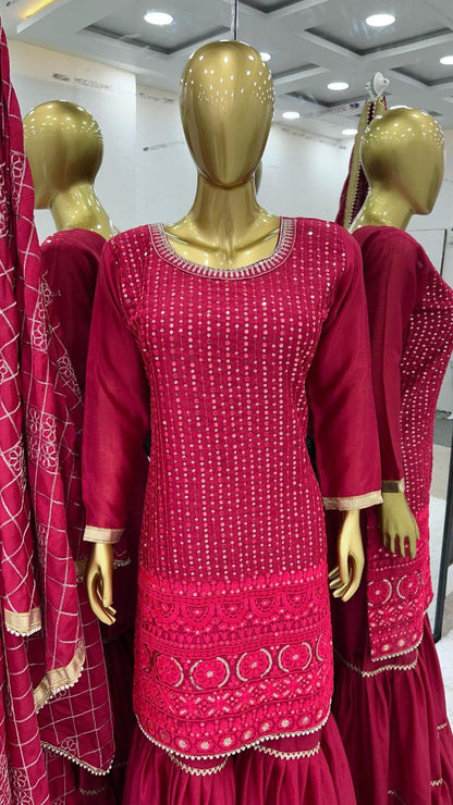 Designer Faux Georgette Embroidered Top & Plazzo Set with Dupatta