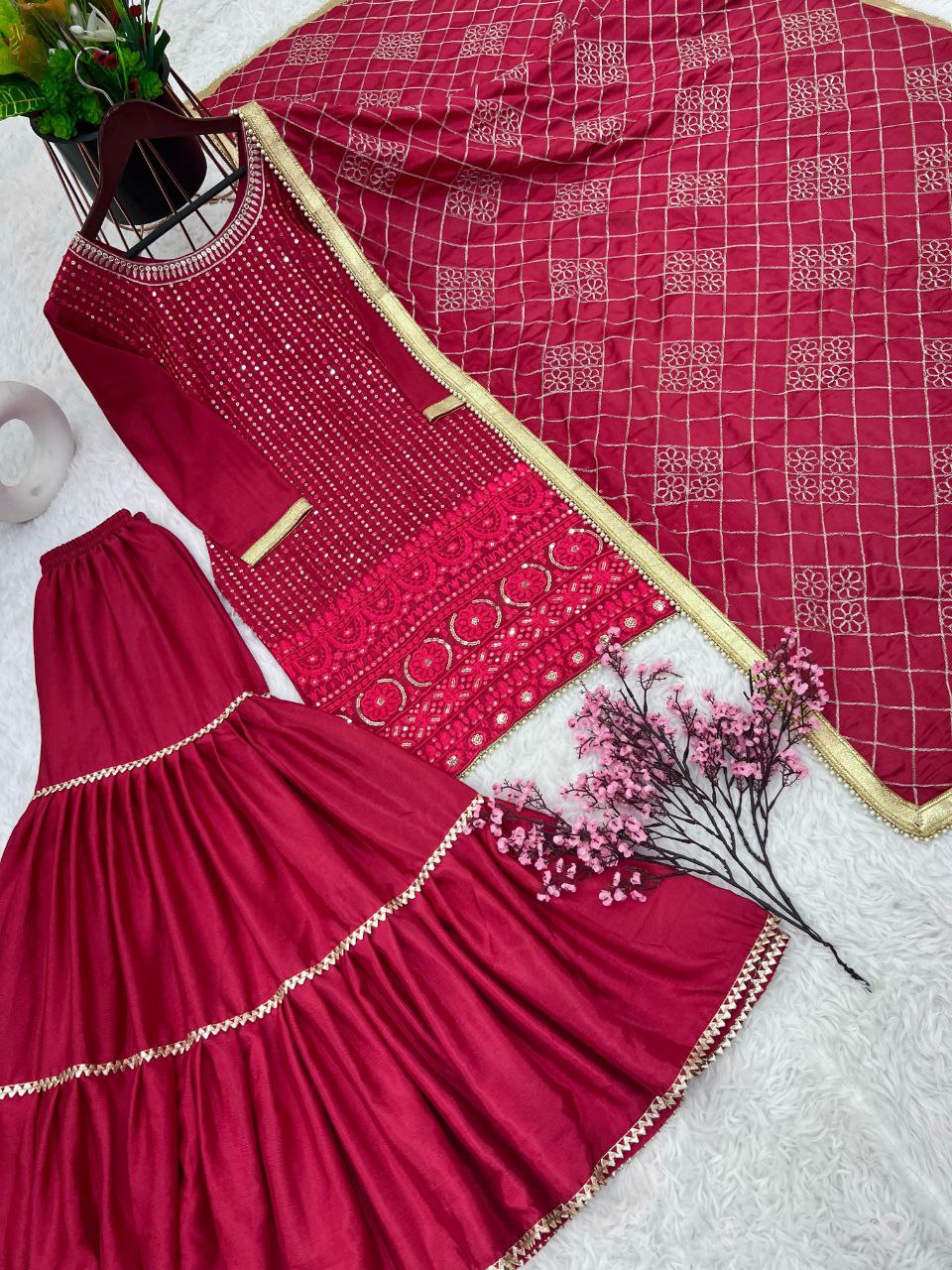 Designer Faux Georgette Embroidered Top & Plazzo Set with Dupatta