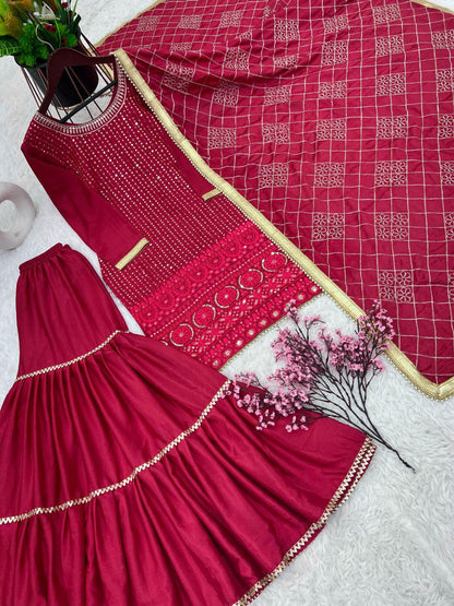 Designer Faux Georgette Embroidered Top & Plazzo Set with Dupatta