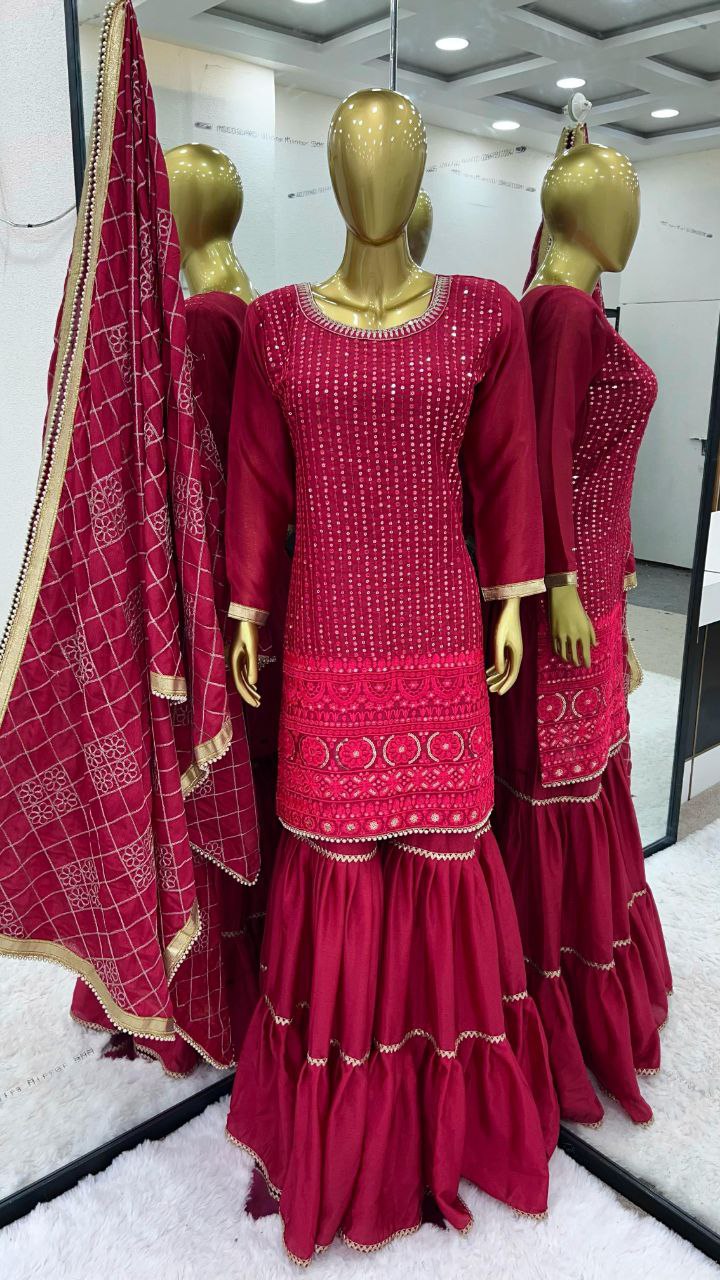 Designer Faux Georgette Embroidered Top & Plazzo Set with Dupatta