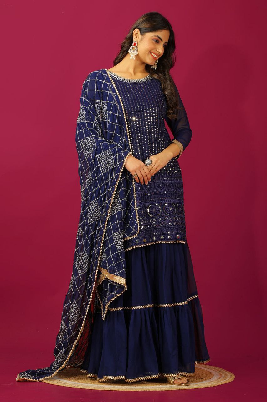 Designer Faux Georgette Embroidered Top & Plazzo Set with Dupatta