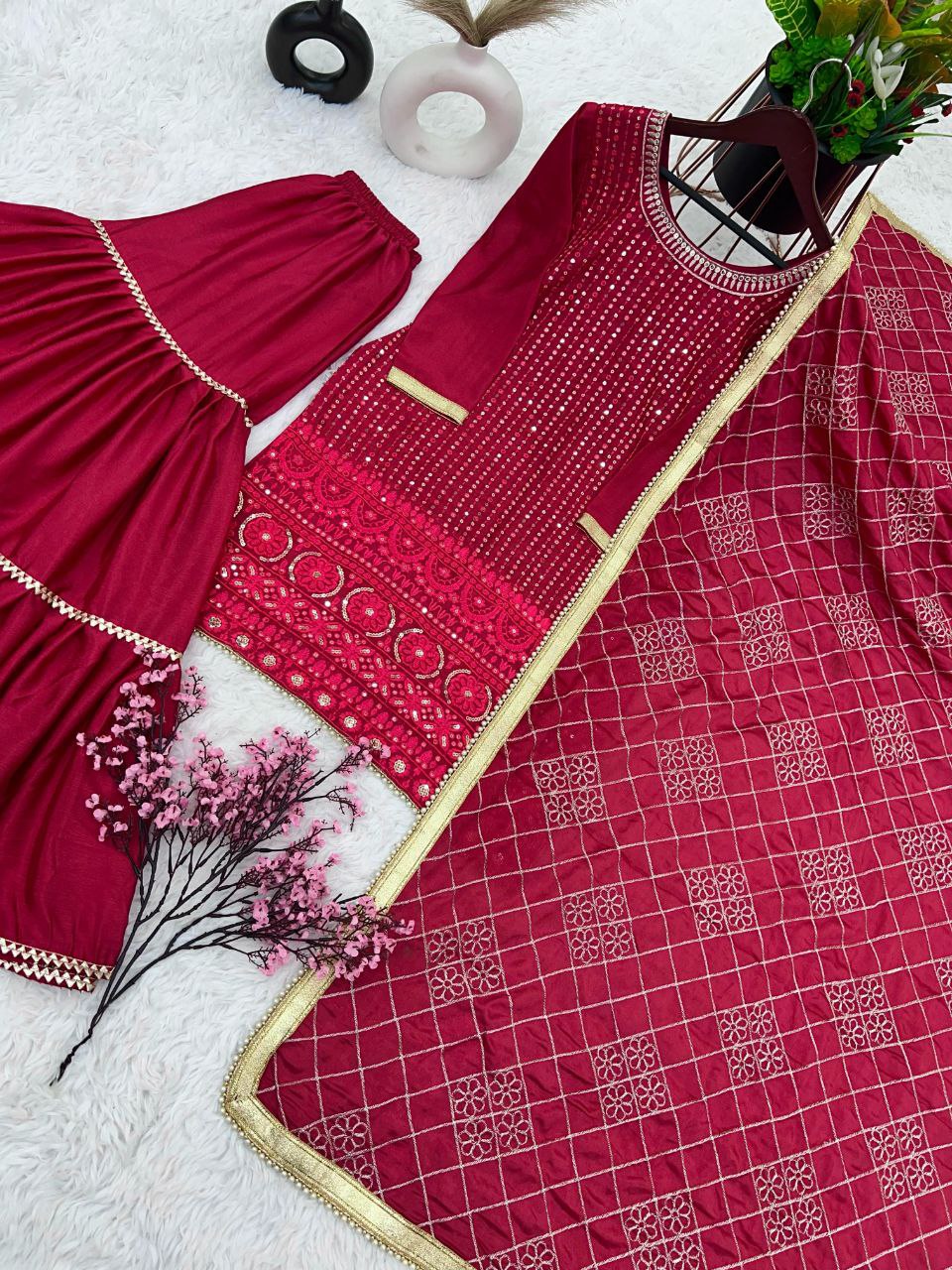 Designer Faux Georgette Embroidered Top & Plazzo Set with Dupatta