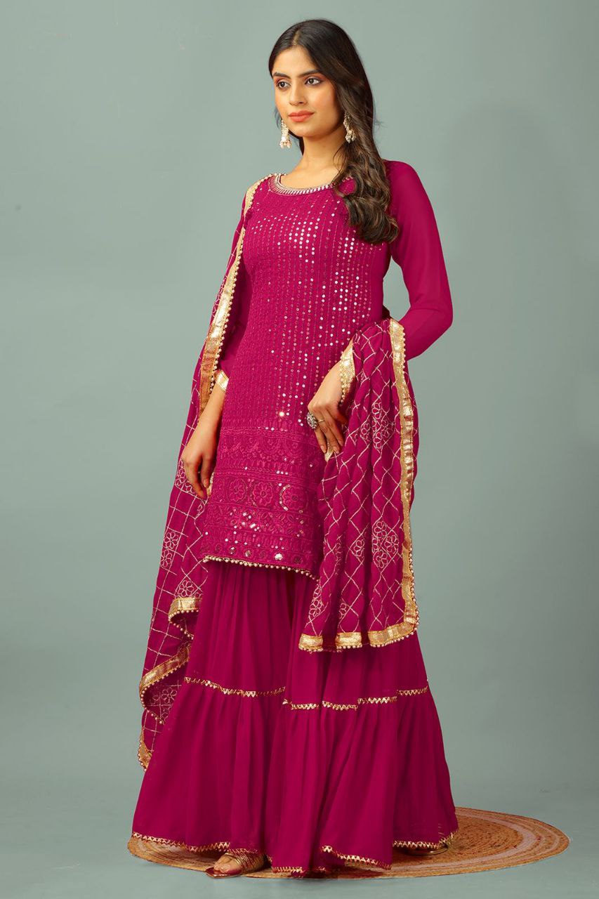 Designer Faux Georgette Embroidered Top & Plazzo Set with Dupatta