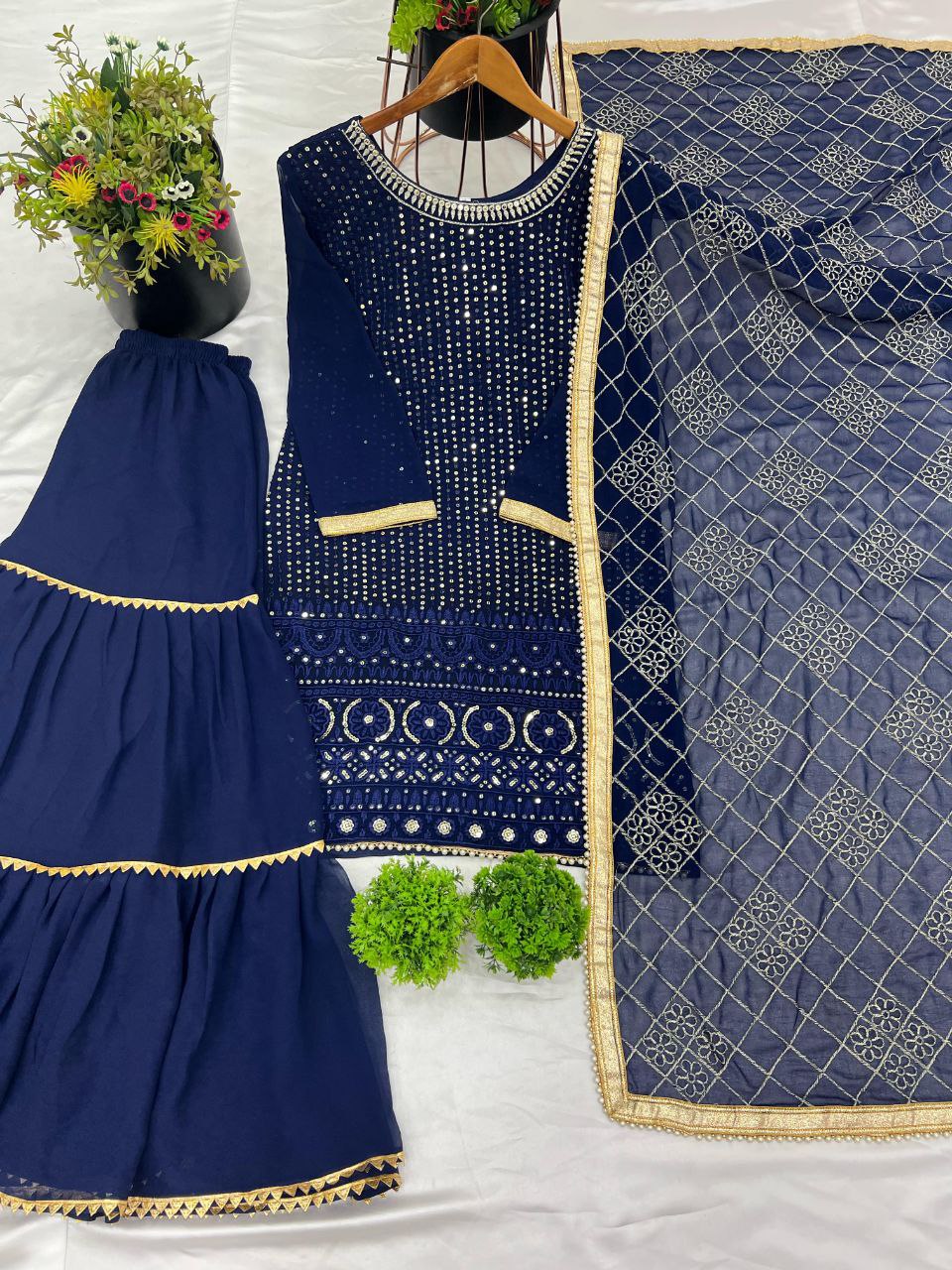 Designer Faux Georgette Embroidered Top & Plazzo Set with Dupatta