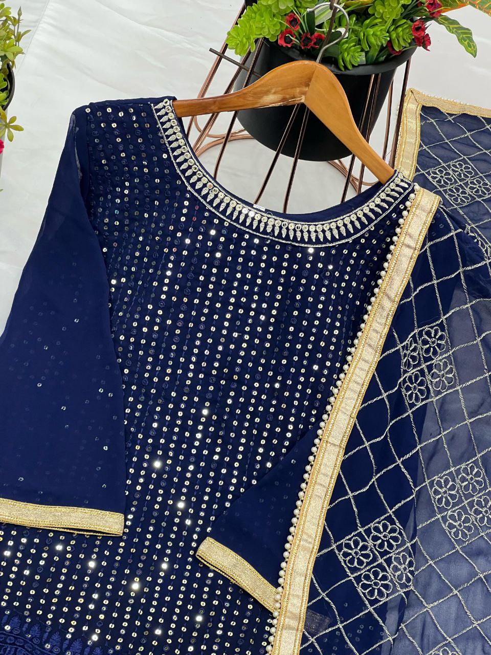 Designer Faux Georgette Embroidered Top & Plazzo Set with Dupatta