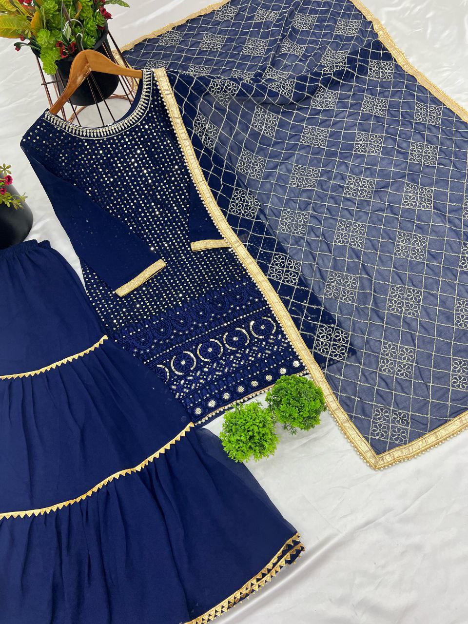 Designer Faux Georgette Embroidered Top & Plazzo Set with Dupatta