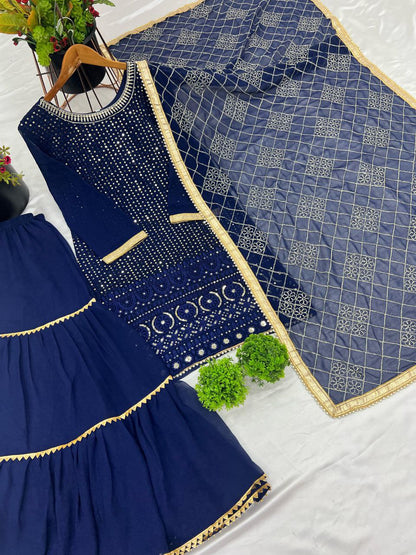 Designer Faux Georgette Embroidered Top & Plazzo Set with Dupatta