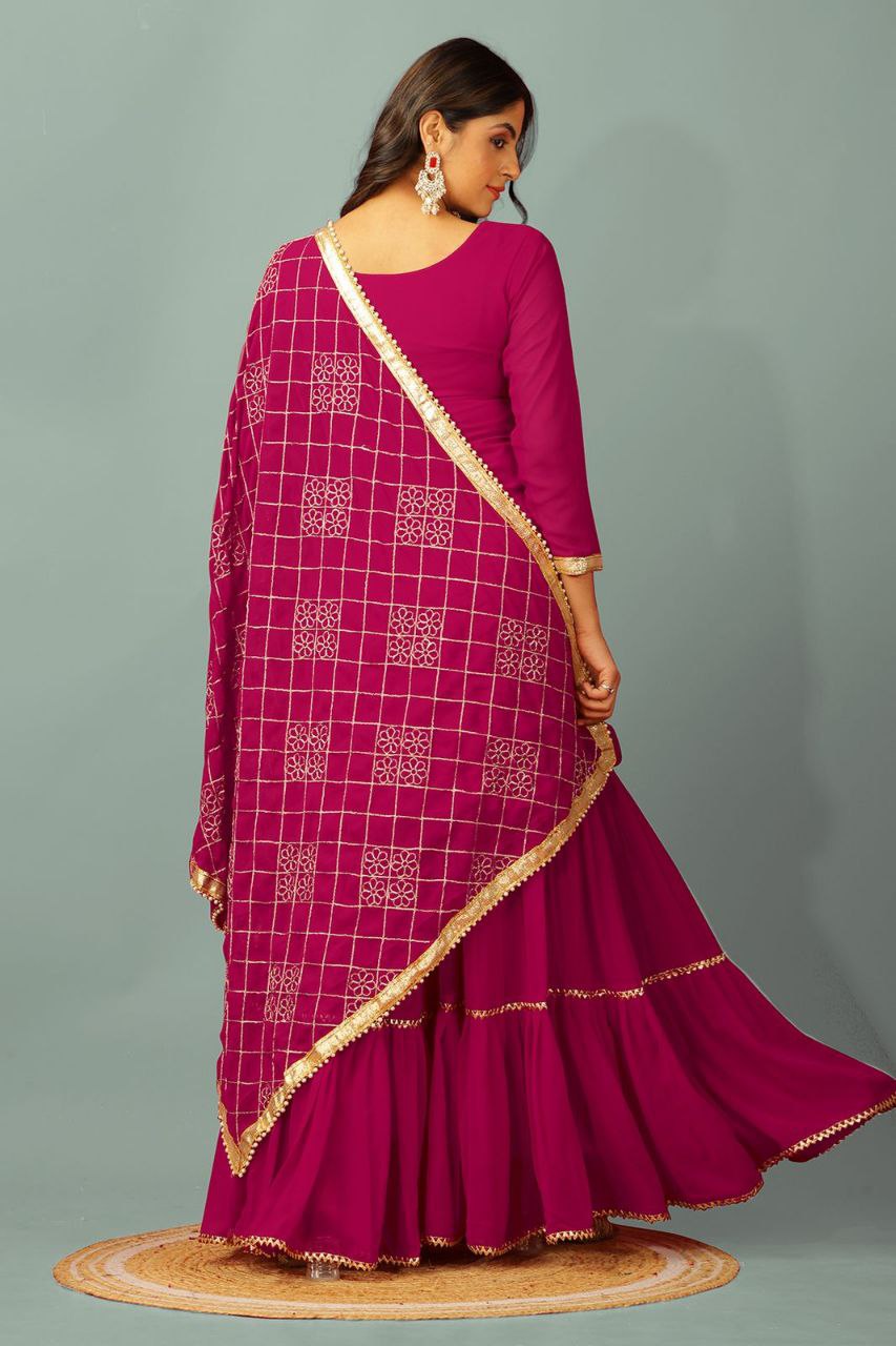 Designer Faux Georgette Embroidered Top & Plazzo Set with Dupatta