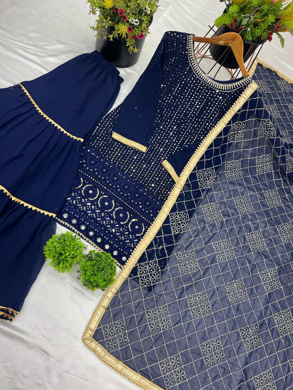 Designer Faux Georgette Embroidered Top & Plazzo Set with Dupatta