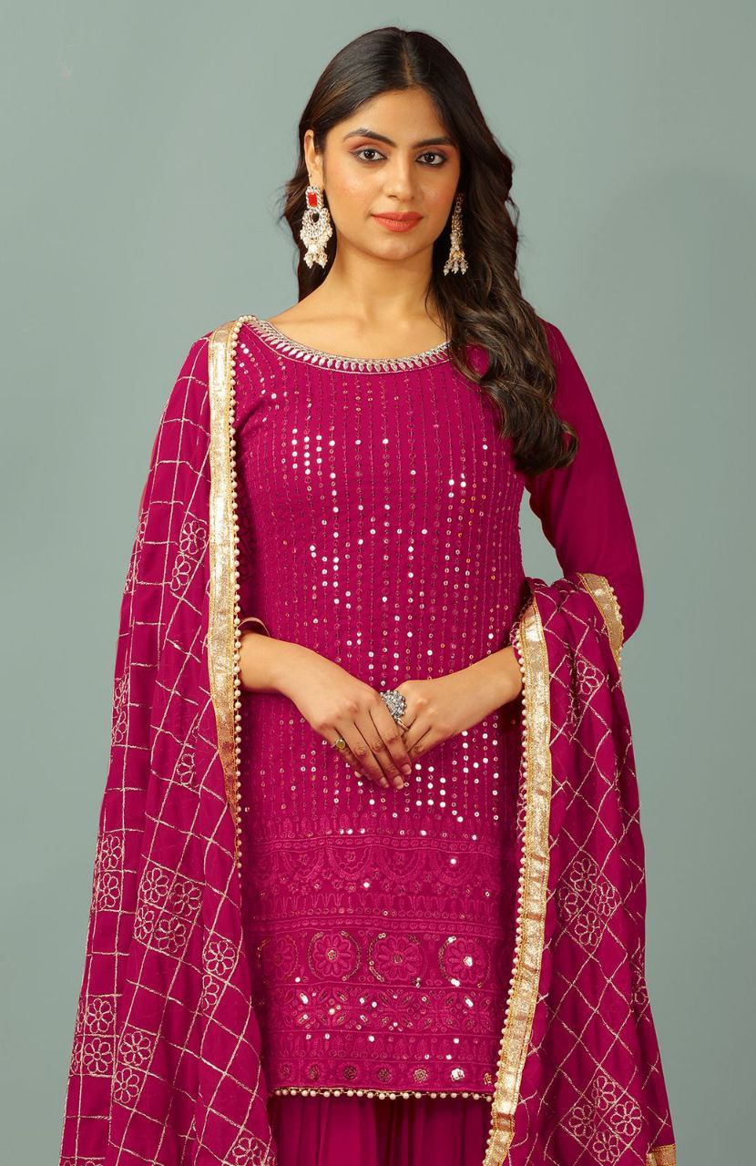 Designer Faux Georgette Embroidered Top & Plazzo Set with Dupatta