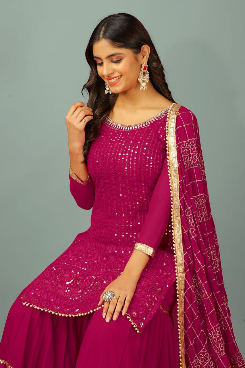 Designer Faux Georgette Embroidered Top & Plazzo Set with Dupatta