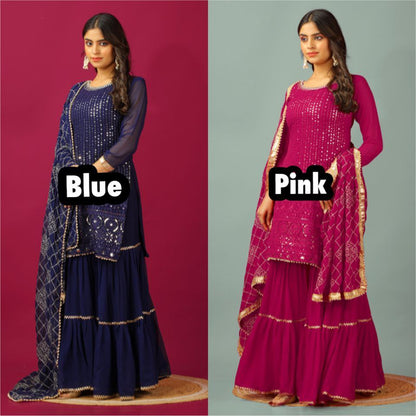Designer Faux Georgette Embroidered Top & Plazzo Set with Dupatta