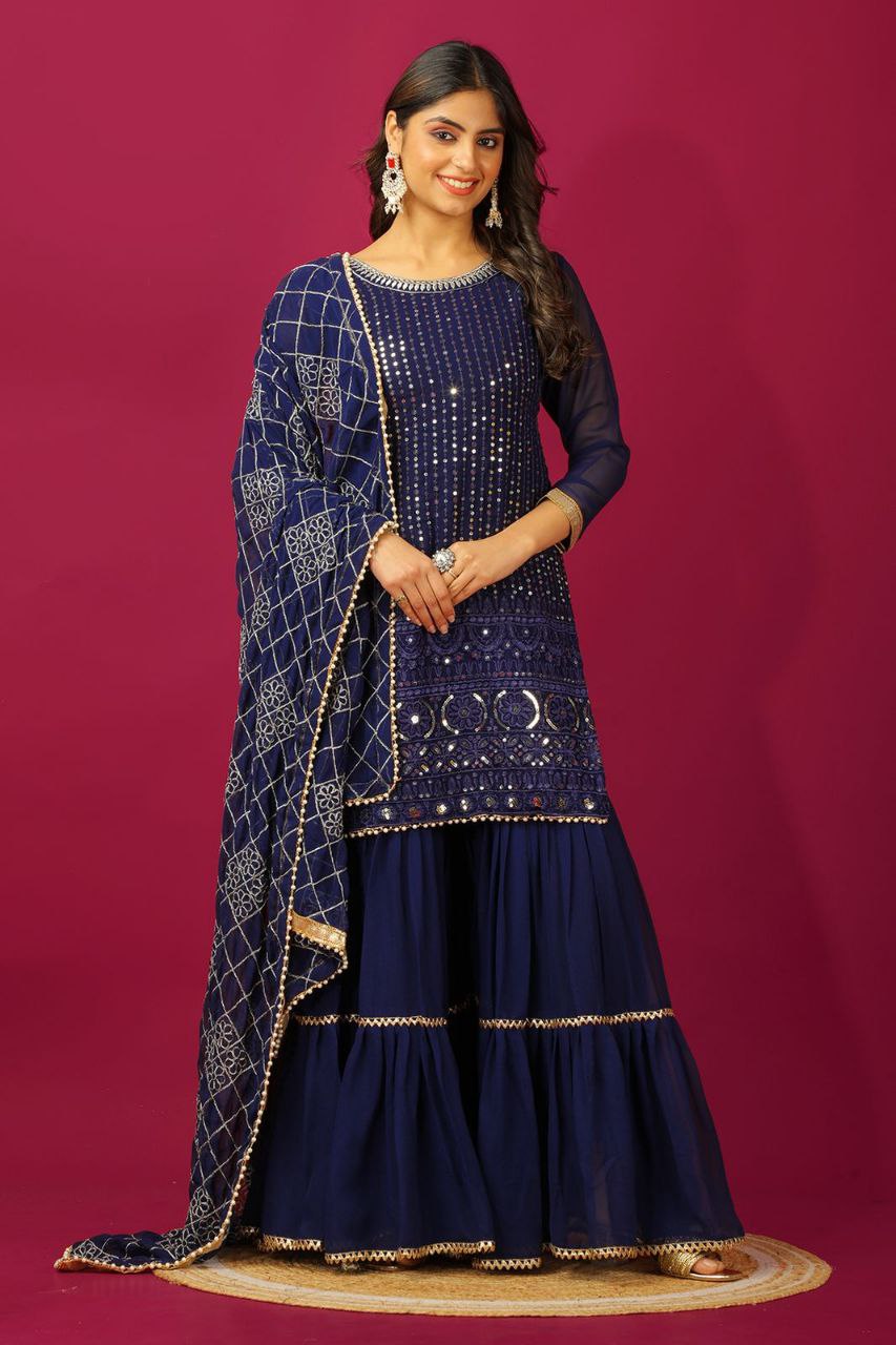 Designer Faux Georgette Embroidered Top & Plazzo Set with Dupatta