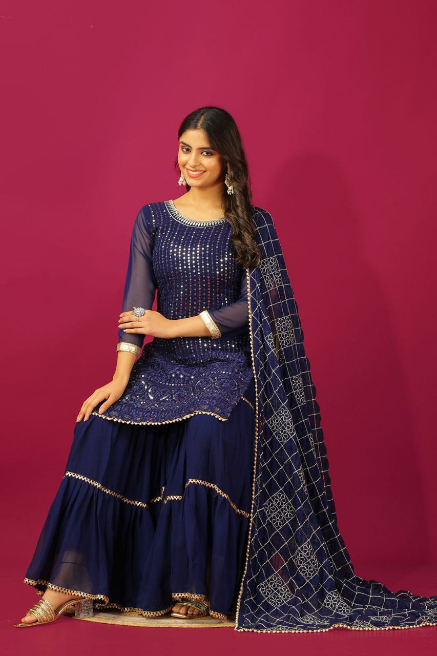 Designer Faux Georgette Embroidered Top & Plazzo Set with Dupatta