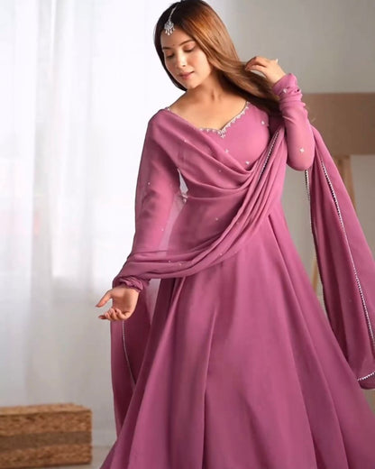 Designer Faux Georgette Gown with Dupatta Set