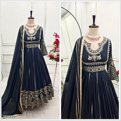 Premium Designer Party Wear Black Gown: Fox Georgette Gown with Pant & Dupatta – Heavy Sequins Embroidery
