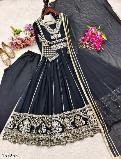 Premium Designer Party Wear Black Gown: Fox Georgette Gown with Pant & Dupatta – Heavy Sequins Embroidery