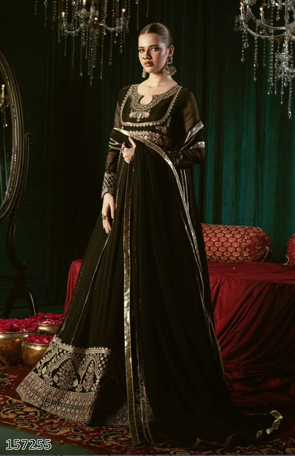 Premium Designer Party Wear Black Gown: Fox Georgette Gown with Pant & Dupatta – Heavy Sequins Embroidery